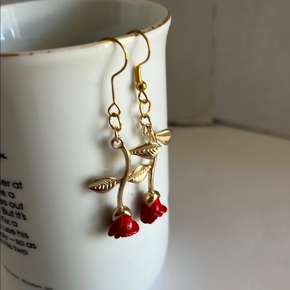 Red and Gold Dangle Earrings with Crystal Drops - Picture 2 of 3